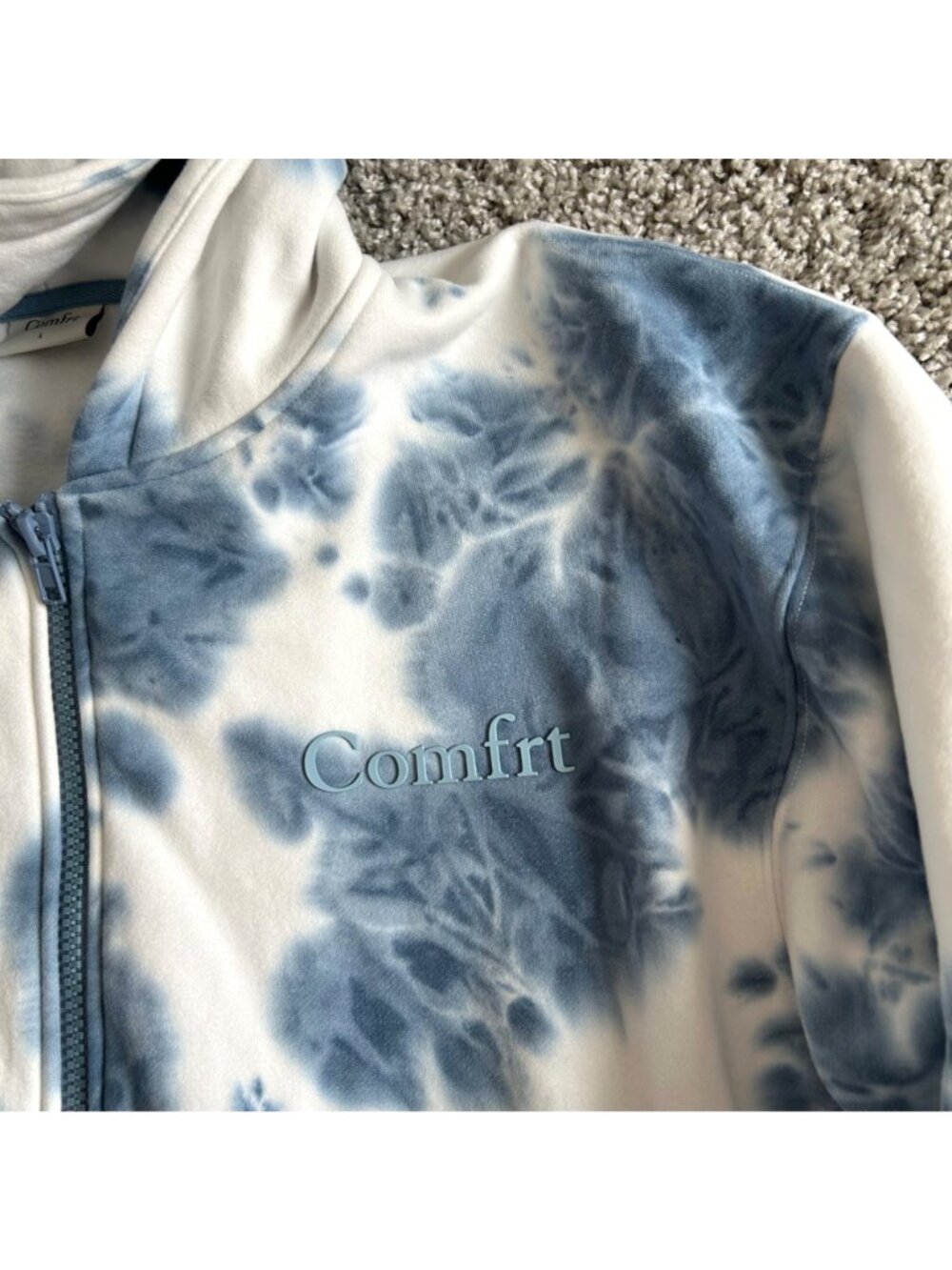 Comfrt Unisex Sz LTie-Dye Full-Zip Hoodie Blue & White Cotton Blend - Picture 4 of 11
